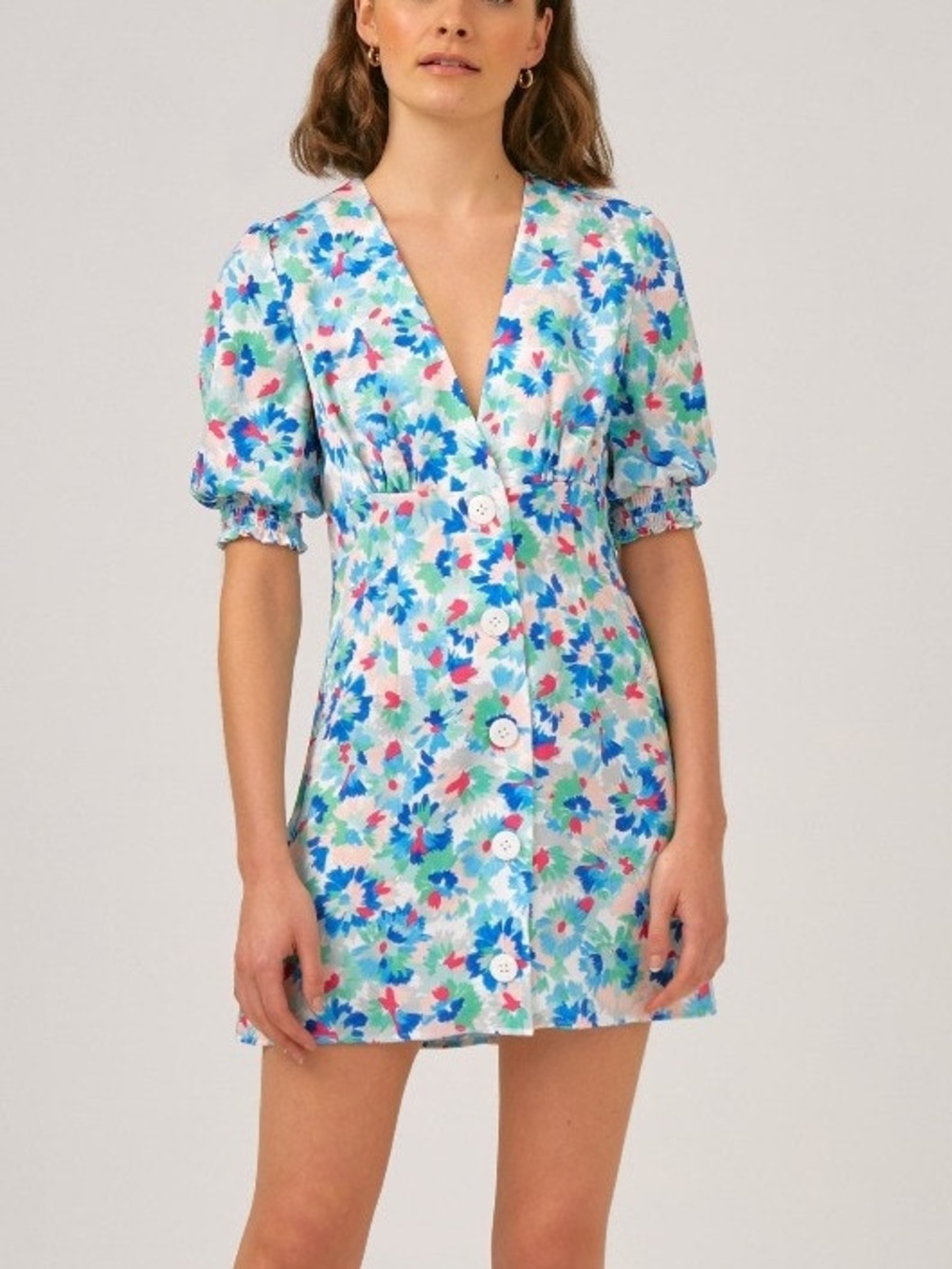 The Fifth Label Blue & White Floral V-Neck Button Mini Dress